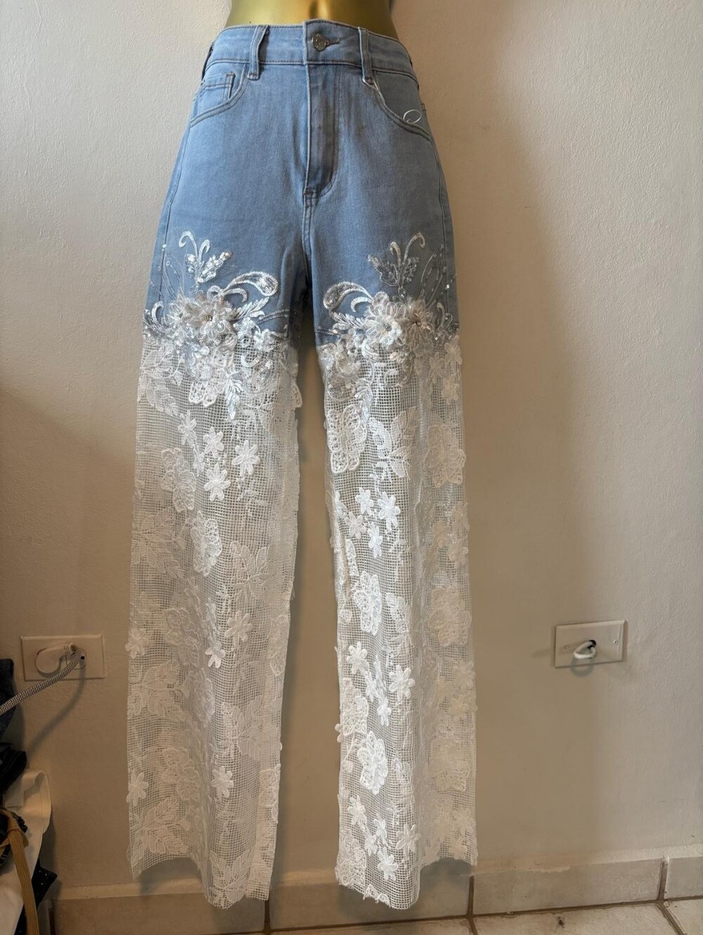 Light Blue Denim Jeans with White Lace Overlay